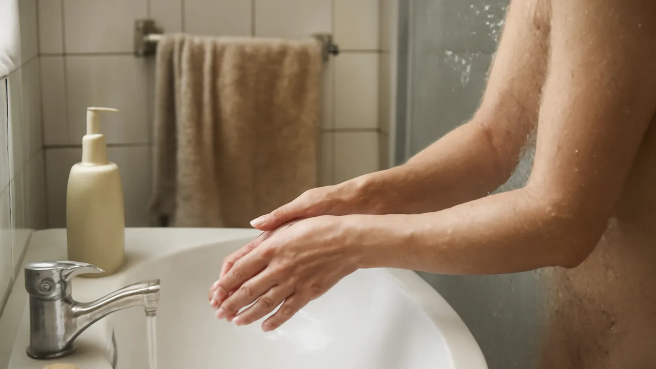 Banyo içinde yüzü görünmeyen kolların duş sonrası temizlikle ilgilendiği, su damlaları ve havlu dokusunun öne çıktığı gerçekçi bir fotoğraf sahnesi.